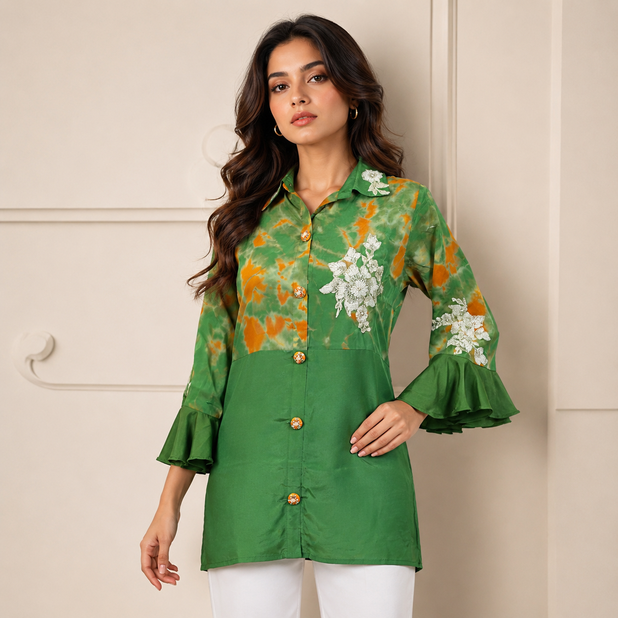 Women's Green Tie-Dye Cord Set with Embroidered Shirt